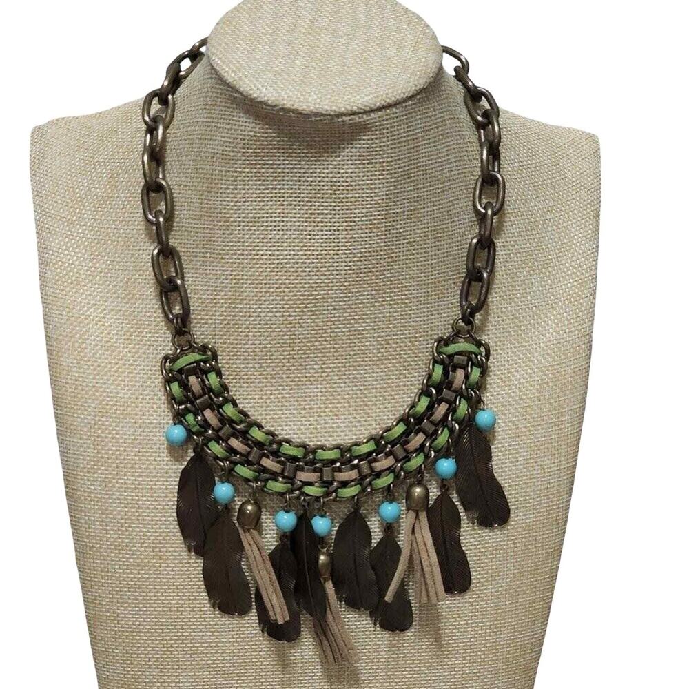 Treska Bohemian Statement Necklace Bronze Feather Tassel Turquoise Bead New